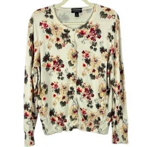 Lands' End Cotton Cream Red Floral Print Long Sleeve Button Front  XL Cardigan